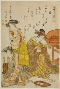 The Courtesan Hitomoto of the Daimonjiya, from the album "Comparing New Beauties of the Yoshiwara - A Mirror of Their Own Writings (Keisei shin bijin awase jikihitsu kagami)" 作： Kitao Masanobu