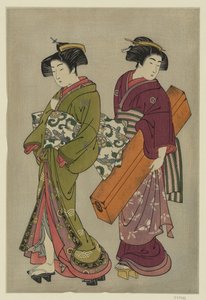 北尾重政（1777） 芸者と三味線箱を運ぶ下女 作： 北尾重政