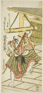 1767 年 9 月、中村座で上演された舞台「照明夢幻の鐘」で、渡船手友吉に変装した藤太郎役の二代目坂東彦三郎 作： Kitao Shigemasa