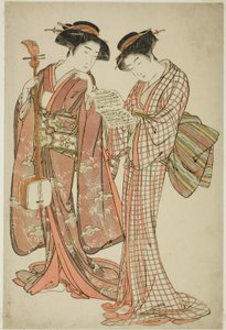 三味線と歌集を持った二人の芸妓 作： Kitao Shigemasa