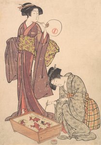 魚に餌をやる 2 人の女性、1739 年～1820 年。 作： Kitao Shigemasa