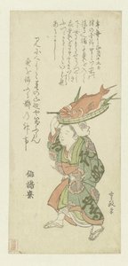 彼女の頭の上に魚のトレイを運ぶ女性 作： Kitao Shigemasa