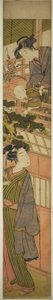 下の若い男に手を差し伸べている少年を保持している女性 作： Kitao Shigemasa