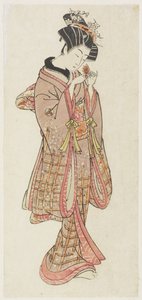 18世紀後半のグランドチェリーを調べる若い女性（色の木版画） 作： Kitao Shigemasa