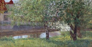 家と木々のある運河区間 作： Kitty Lange Kielland