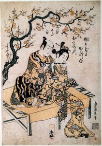 日本の美術：音楽家が若い女性に笛のレコンを渡す。鳥居清広（1737-1766）の版画 18世紀 パリ、B.N. 作： Kiyohiro Torii