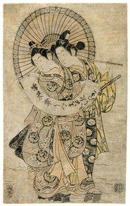 詩が書かれた紙を持って雪の中に立つ恋人たち（木版画） 作： Kiyohiro Torii