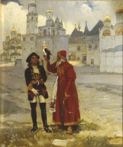 若いピーター 1 世と彼のハヤブサ、1900 年代 作： Klavdi Vasilyevich Lebedev