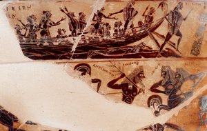 テゼからデロスへのデバルクメント、B上段に向けられた首の詳細 - 「フランソワの壺」 エトルリアのネクロポリス、キウシから出土した黒い人物が描かれたギリシャのクラテア、紀元前570年 - セラミストのエルゴティモスと画家のクレティアス（クレイティアス）のサイン、紀元前6世紀、ディム66 作： Kleitias Kleitias