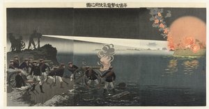 平壌への攻撃で電気サーチライトを使用 平城 興劇 道炎 予兆の図 作： Kobayashi Kiyochika