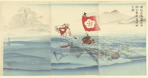 Gezicht op de Karasaki pijnboom terwijl Akechi Samanosuke Mitsuharu het meer overzwemt. Akechi Samanosuke Mitsuharu kosui noriuchi Karasaki matsu no zu. (title on object) 作： Kobayashi Kiyochika