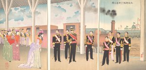 勝利の盃を掲げて新橋駅に到着した天皇陛下の図...1895年。