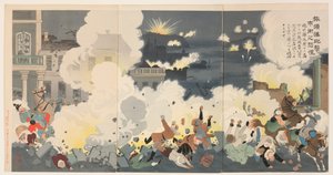 ポートアーサーの砲撃中の街の通りのパニック 作： Kobayashi Kiyochika