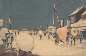 冬の夕方の江戸郊外の街並み。 1878年。