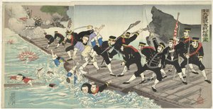日清戦争中の九連城の浮橋での激戦 日清九連上芸撰宣教の図