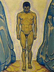 岩の間に立っている男性の裸体、c. 1915年。 作： Koloman Moser