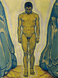 岩の間で裸で立っている 作： Koloman Moser
