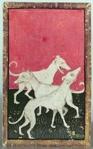 3匹の狩猟犬、法廷鷹のシーンを描いたトランプセットの1つ、アッパーラインアレ、c.1440-45（ペンとインク、トイレ）（87698、88300、88302-04も参照）