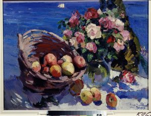 グルズフ、ウクライナ (Gurzuf)。 海辺の近くの花と果物の静物画 コンスタンチン・アレクセイヴィッチ・コロビン（コンスタンチン・コロビン）（1861-1939）による絵画、キャンバスに油彩 作： Konstantin Alekseevich Korovin
