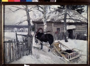 冬（ウィンター）。 雪の下の田舎の木造家屋の庭にある馬車。 Konstantin Alexeyevich Korovin（Constantin Korovin）（1861-1939）による絵画、キャンバスに油彩 作： Konstantin Alekseevich Korovin