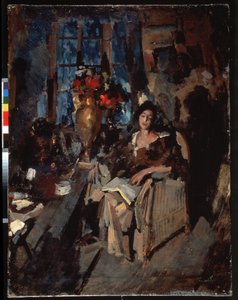 Portrait de femme (Female Portrait). Une belle femme melancolique, les yeux mi clos, assise dans un fauteuil, un livre ouvert pose sur les genoux, entouree du mobilier de salon, table avec bouquet de fleur, tasse et divers objets du quotidien. Peinture de  作： Konstantin Alekseevich Korovin