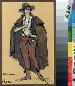 セルゲイ (セルゲイ) ラフマニノフ (セルゲイ ラフマニノフ) (1873-1943) によるオペラ「アレコ」の衣装デザイン (S. ラフマニノフによるオペラ アレコの衣装デザイン)。 Konstantin Alexeyevich Korovin (Constantin Korovin) (1861-1939) の作品、水彩、グワック 作： Konstantin Alekseevich Korovin