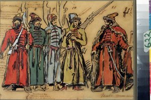モデスト・ムソルグスキー（1839-1881）によるオペラ「ホヴァンシチナまたはホヴァンスキー王子」の衣装デザイン（M.ムソルグスキーによるオペラ「ホヴァンシチナ」の衣装デザイン）。 Konstantin Alexeyevich Korovin (Constantin Korovin) (1861-1939) の作品、水彩、行く 作： Konstantin Alekseevich Korovin