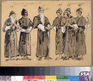モデスト・ムソルグスキー（1839-1881）によるオペラ「ホヴァンシチナ」または「ホヴァンスキー王子」の衣装デザイン（M.ムソルグスキーによるオペラ「ホヴァンシチナ」の衣装デザイン）。 古い信者のための衣装。 Konstantin Alexeyevich Korovin によるアートワーク (Constantin K 作： Konstantin Alekseevich Korovin