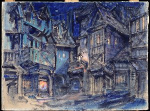 Anton Simon (1851-1916) によるバレエ Esmeralda の舞台デザイン (A.Simon によるバレエ Esmaralda の舞台デザイン)。 コンスタンチン・アレクセイヴィッチ・コロビン（コンスタンチン・コロビン）（1861-1939）の作品、ダンボールにテンペラ