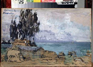 ピオトル・イリッチ・チャイコフスキー（1840-1893）によるバレエ白鳥の湖の舞台デザイン（P.チャイコフスキーによるバレエ白鳥の湖の舞台デザイン）。 風景、木が茂った湖のほとり。 Konstantin Alexeyevich Korovin (Constantin Koro) によるアートワーク 作： Konstantin Alekseevich Korovin