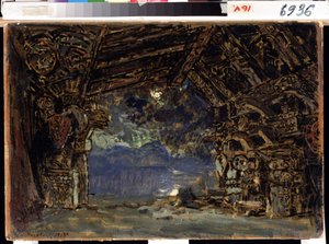 リヒャルト・ワーグナーのオペラ『神々の黄昏』の舞台美術。 (R. ワーグナーによるオペラ「神々の黄昏」の舞台デザイン)。 コンスタンチン・アレクセイヴィッチ・コロビン（コンスタンチン・コロビン）（1861-1939）の作品、ダンボールにテンペラ 作： Konstantin Alekseevich Korovin