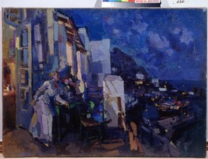 ベランダの夜。 女性はテラスの前で夜に広がる街のパノラマを利用しています。 Konstantin Alexeyevich Korovin（Constantin Korovin）（1861-1939）による絵画、キャンバスに油彩 作： Konstantin Alekseevich Korovin