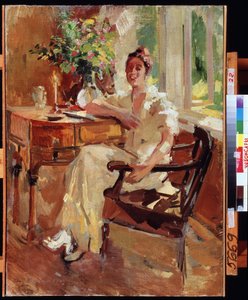 アームチェアの女性 (アームチェアの女性)。 花の花束を持って机にもたれかかる陽気な若い女性のポートレート。 Konstantin Alexeyevich Korovin（Constantin Korovin）（1861-1939）による絵画、キャンバスに油彩