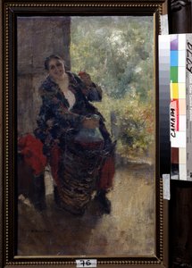 グラス オブ ワインを持った女将または女性 (A Landlady、Woman with a Glass of Wine)。 力強く座った女性がグラスを持ち上げて乾杯し、巨大なワインのボトルを持っています。 Konstantin Alexeyevich Korovin (Constantin Korovin) (1861-1939) による絵画、 作： Konstantin Alekseevich Korovin