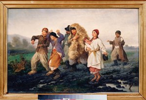 博覧会からの帰還 (酔って貧しい農民の家族が泥だらけの道を歩き、歌ったり踊ったりする) - 博覧会からの帰還 - コンスタンティン・アレクサンドロヴィッチ・トルトフスキー (トラウトフスキー) (1826-1893) による絵画、キャンバスに油彩