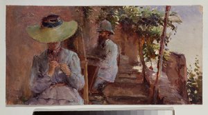 彼の妻と一緒に彫刻家のアルテミ・オーバー（1843-1917）の肖像画。 Konstantin（Constantin）Andreyevich Somov（1869-1939）による絵画、キャンバスの油 作： Konstantin Andreevic Somov