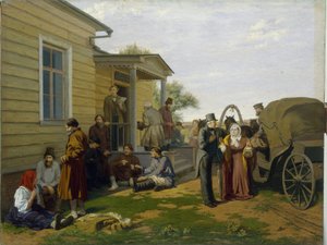 Juge de paix (Justice of the Peace). Batiment de la cour de justice dans la campagne russe, des paysans patientent en bavardant, des juristes s