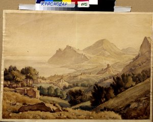 「山の風景と都市の廃墟」（古代の町）コンスタンティン・ボガエフスキー（1872-1943）による絵画、薄暗い46x64 cm F Kovalenko Museum of Art、クラスノダール 作： Konstantin Bogayevsky
