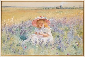 サルビア、オックスアイデイジー、メドウフォックステールのフィールドにいる少女 作： Konstantin Egorovich Makovsky