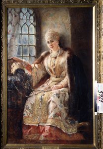 窓際のボヤールの女性 (boiard、boiar)。 （窓際のボヤールの妻）。 胸に手を置いた女性は、サラファンのドレスを着て、頭にココチニクという伝統的な髪型をしています。 コンスタンチン・エゴロヴィッチ・マコフスキー（コンスタンティン・マコ）の絵画