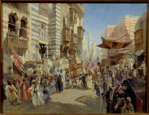 イスラム教徒の休日: エジプトのカイロの通りでの神聖なじゅうたんの行列 (カイロの聖なるじゅうたんの引き渡し) - コンスタンチン・イェゴロビッチ・マコフスキー (コンスタンチン・マコフスキー) によるキャンバスに油彩 (1839-1915) 作： Konstantin Egorovich Makovsky
