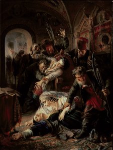 雇われた暗殺者が皇帝ボリス・フョードロヴィチ・ゴドゥノフの息子を殺害 作： Konstantin Egorovich Makovsky