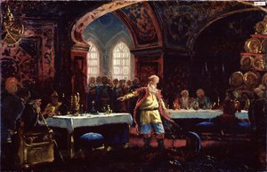 イヴァン雷帝 (1530-1584) の饗宴でマイケル レプニン (?) を数えます。 （ミハイル・レプニン伯爵イワンザ・テリブル・フィースト）。 セットテーブルの中央に立つレプニンは、皇帝の政策を非難します。 コンスタンチン・イェゴロヴィッチ・マコフスキー（コンスタンチン・マック）の絵 作： Konstantin Egorovich Makovsky