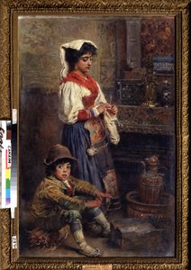 アーティストを待っているモデル。 Konstantin Yegorovich Makovsky (Constantin Makovsky) (1839-1915) による絵画、キャンバスに油彩 作： Konstantin Egorovich Makovsky