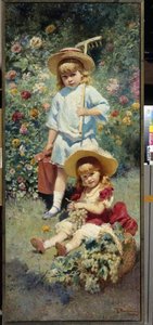 アーティストの子供たちの肖像画。 (アーティストの子供たちの肖像)。 夏の花畑で表現され、長男は熊手と水まき缶を運び、次男はブドウの房がいっぱい入ったバスケットの隣の芝生に座っています。 コンストによる絵画 作： Konstantin Egorovich Makovsky