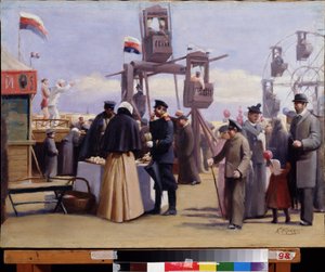 モスクワ フェアの屋台。 (モスクワ フェア ショー ブース)。 Konstantin Yegorovich Makovsky (Constantin Makovsky) (1839-1915) による絵画、キャンバスに油彩。 19世紀のロシア美術。 チュヴァシ共和国国立美術館、チェボクサル (チュヴァシ、ロシア)。 作： Konstantin Egorovich Makovsky