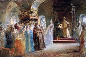 皇帝アレクセイ・ミチャイロヴィッチ（1629-76）が花嫁を選ぶ 作： Konstantin Egorovich Makovsky