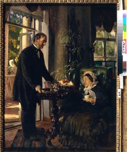 豪邸シャトレーヌ。 （老婦人がお茶を飲み、使用人がパンとジャムをプレゼントします）。 Konstantin Yegorovich Makovsky (Constantin Makovsky) (1839-1915) による絵画、キャンバスに油彩 作： Konstantin Egorovich Makovsky