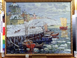 古いロシアの町の堤防。 雪のブロックで覆われた川にボートが係留されている岸壁の説明、背景には都市と出発する帆船。 コンスタンティンの絵画（Co 作： Konstantin Ivanovich Gorbatov