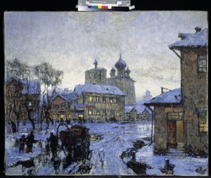 「雪解け」 冬の終わりのロシアの村の風景。 コンスタンチン (コンスタンチン) ゴルバトフ (1876-1945) の絵画 1910 M. クロシツキー美術館、セヴァストポリ 作： Konstantin Ivanovich Gorbatov